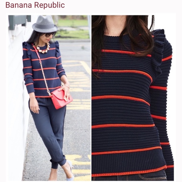 Banana Republic Navy Stripe Ruffle Sweater - Picture 1 of 5